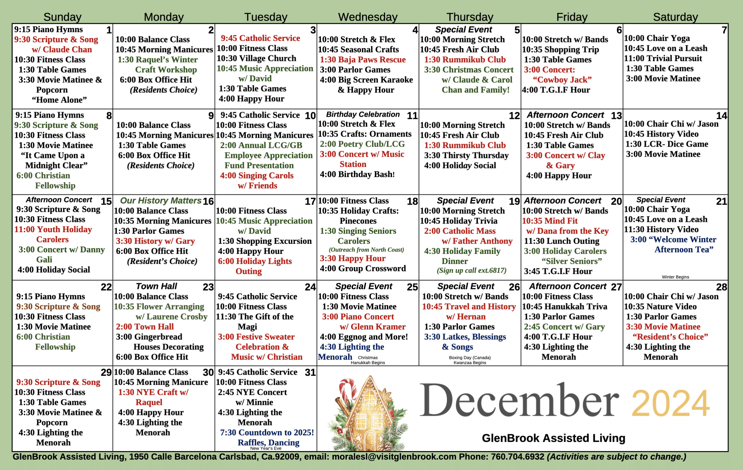 GlenBrook Assisted Living calendar