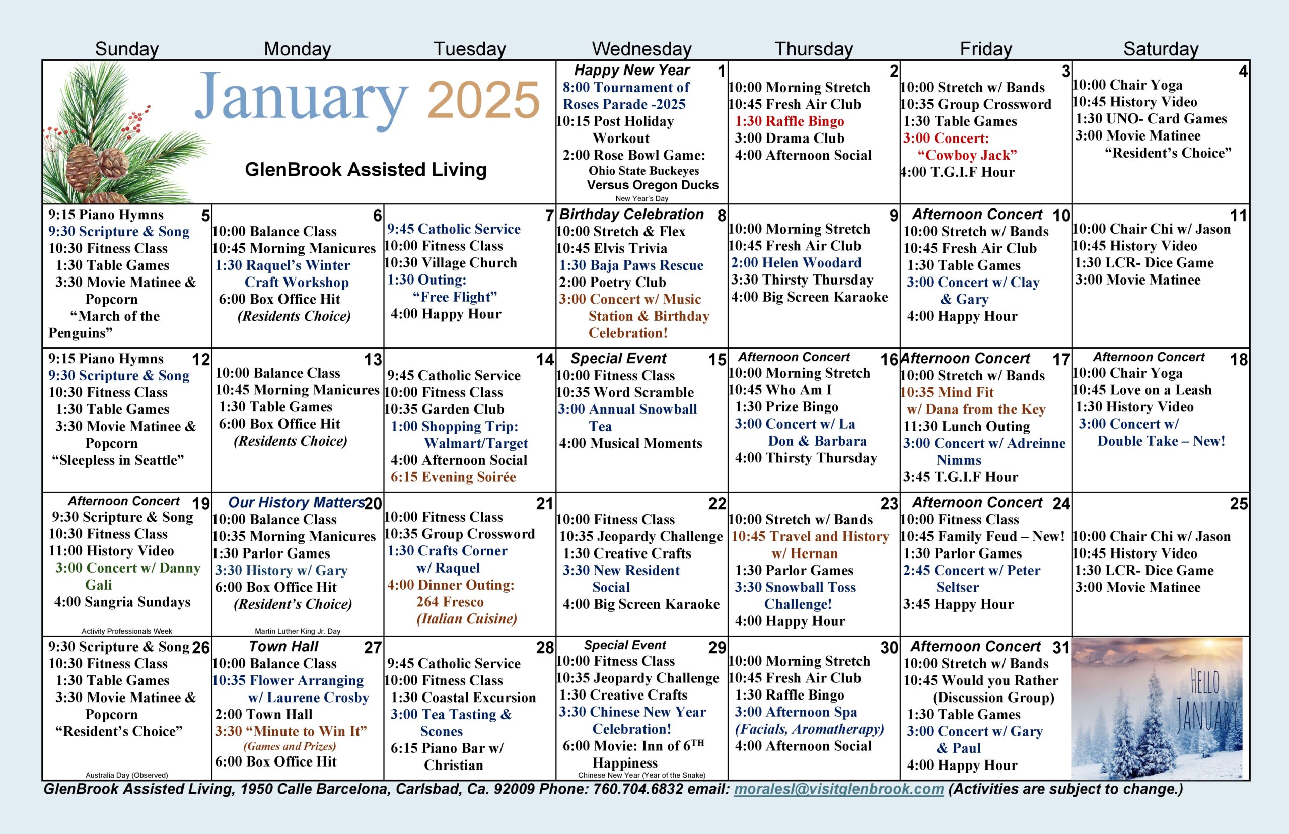 January Assisted Living calendar