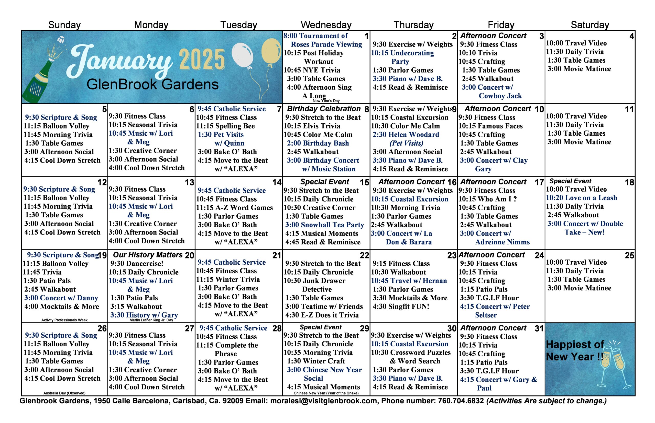 January Memory Care Calendar