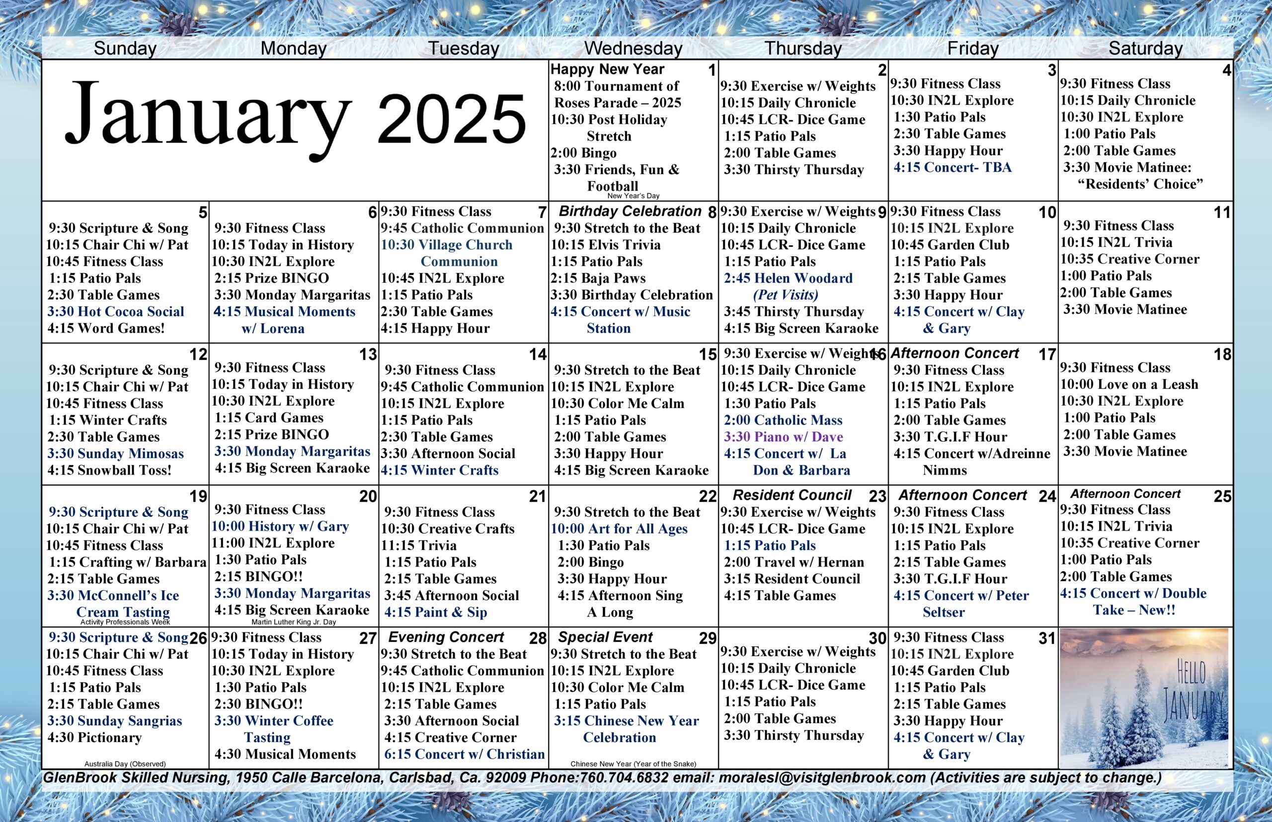 January Skilled Nursing Calendar