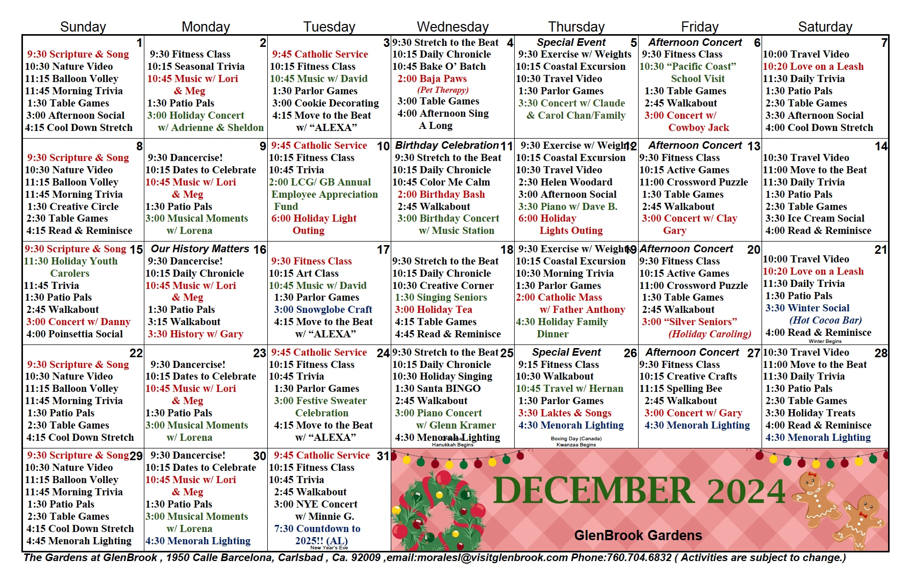 Memory Care calendar