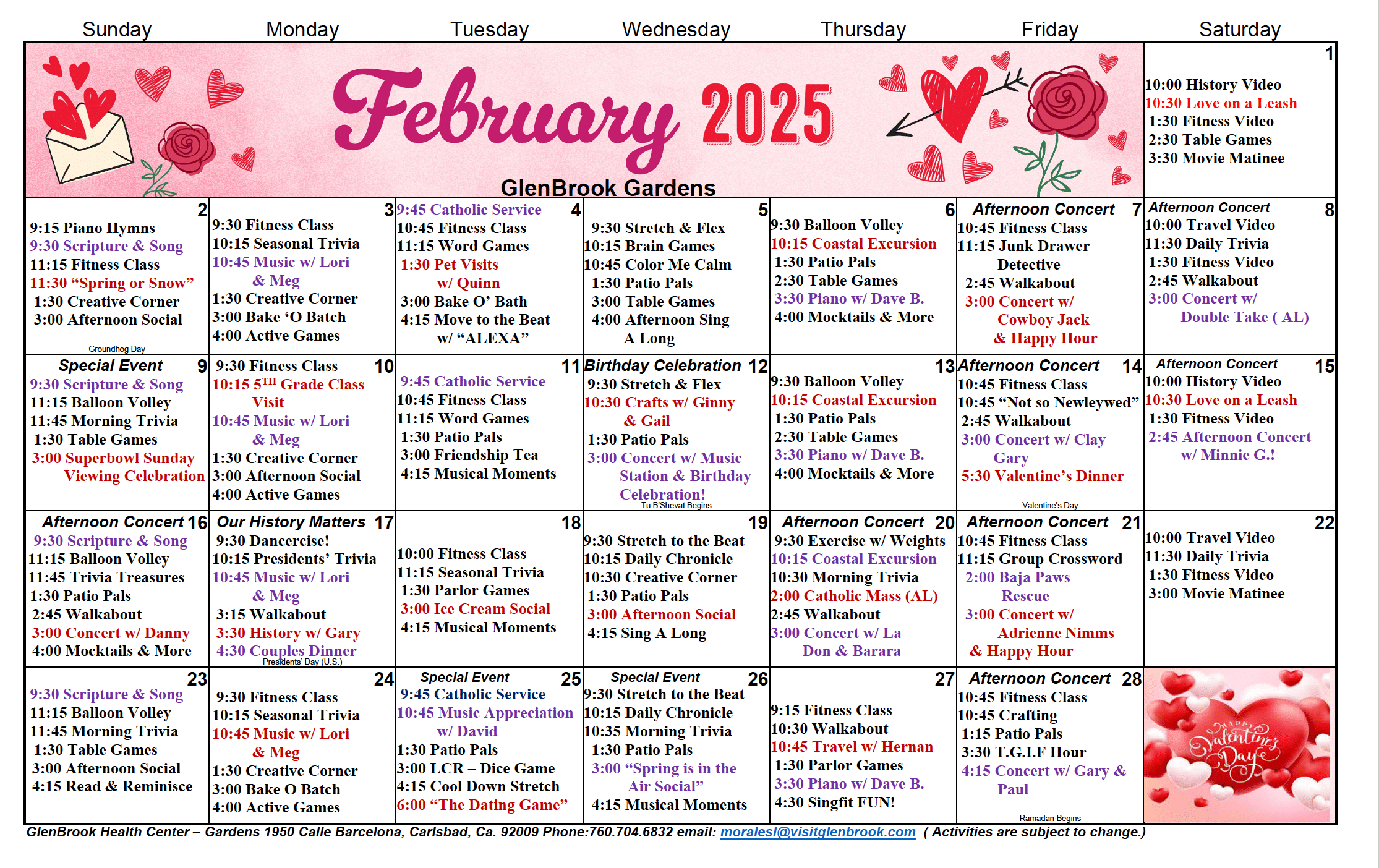 February Memory Care Calendar