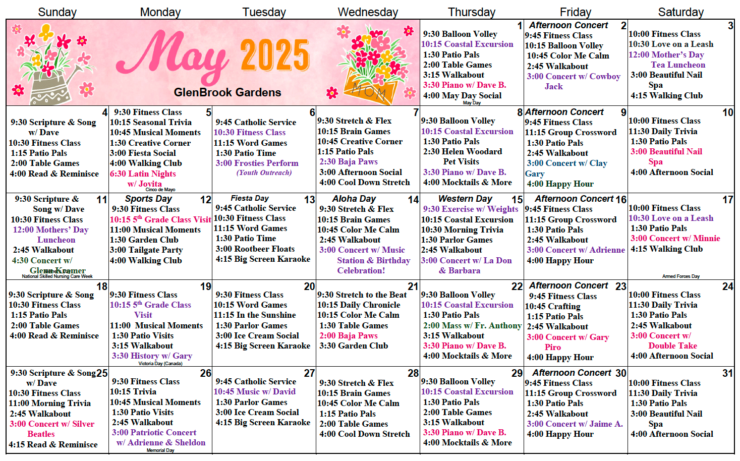 Glenbrook Gardens May calendar
