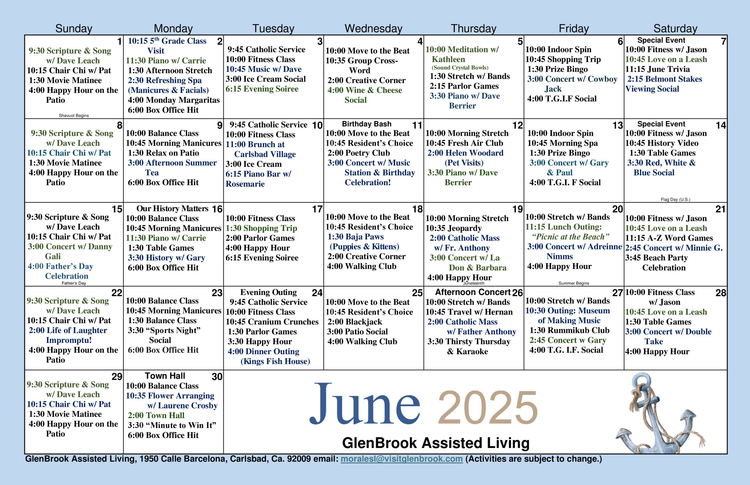 June Assisted Living Calendar
